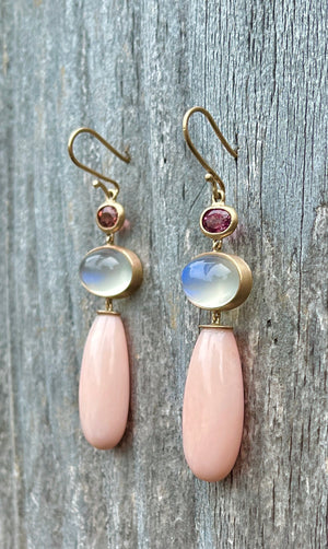 Coral, Moonstone & Sapphire Earrings