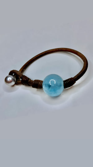 Aquamarine, Tahitian Leather Bracelet
