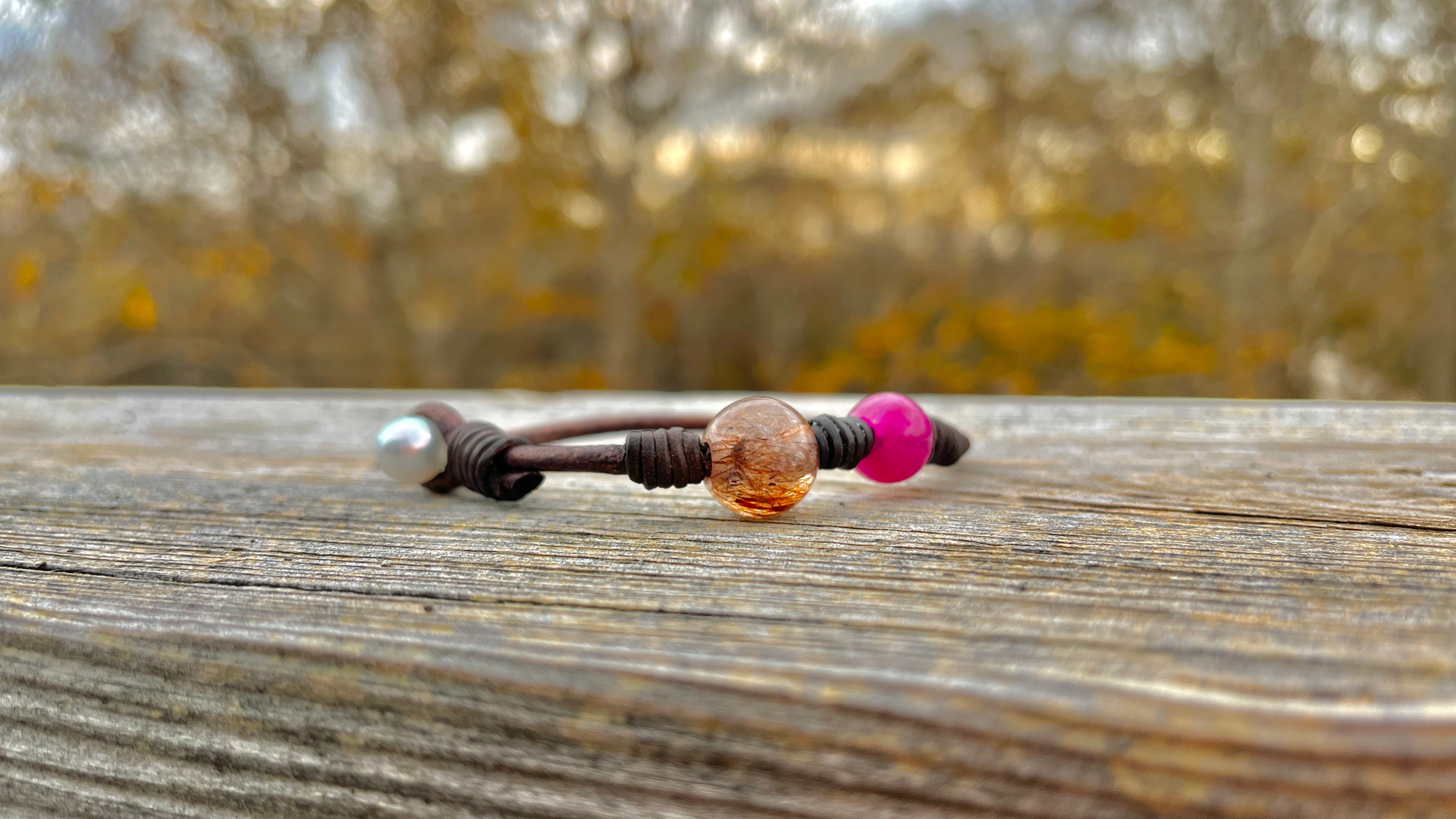 Tourmaline, Cinnamon Quartz & South Sea Pearl Leather Bracelet