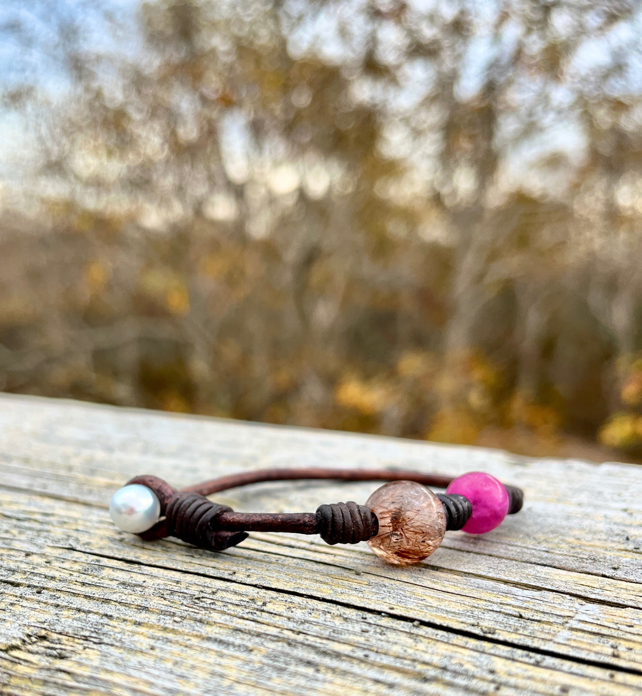 Tourmaline, Cinnamon Quartz & South Sea Pearl Leather Bracelet