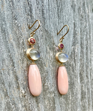 Coral, Moonstone & Sapphire Earrings