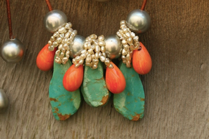 Tahitian Pearls, Turquoise & Coral on Leather