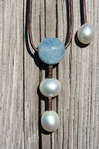 South Sea Pearls & Aquamarine on Leather