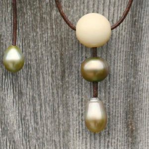 Tahitian Pearls & Fossil Ivory on Leather