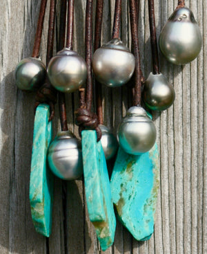 Tahitian Pearls & Turquoise on Leather