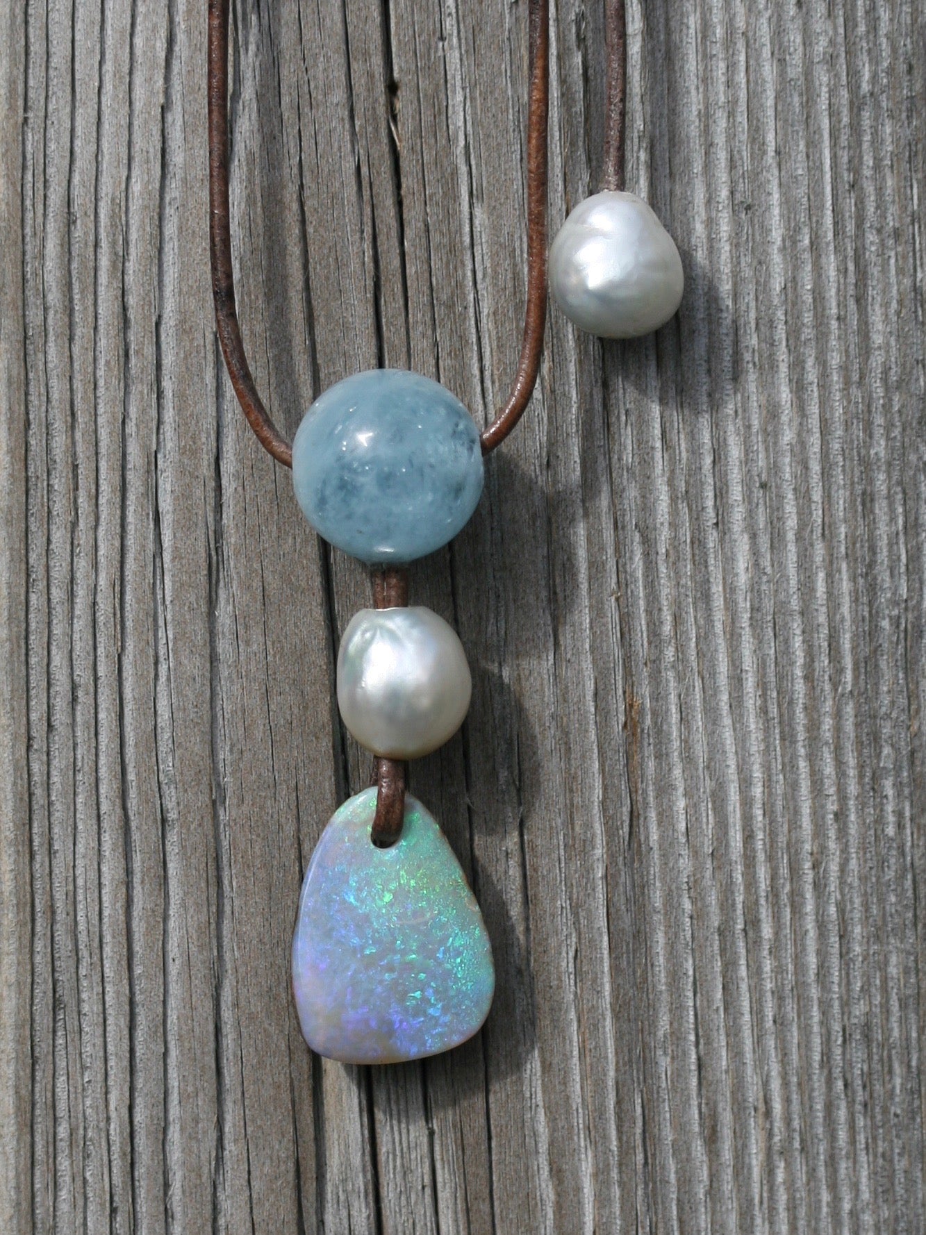Aquamarine, Boulder Opal & South Sea Pearls on Leather