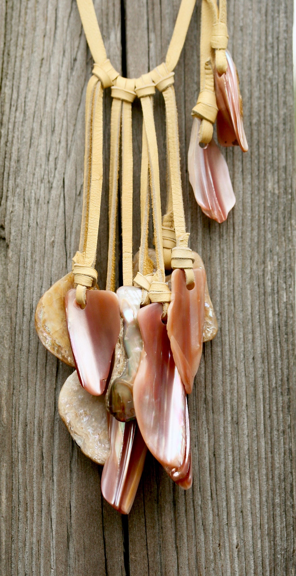 Abalone, Pink Mussel On Lace Necklace