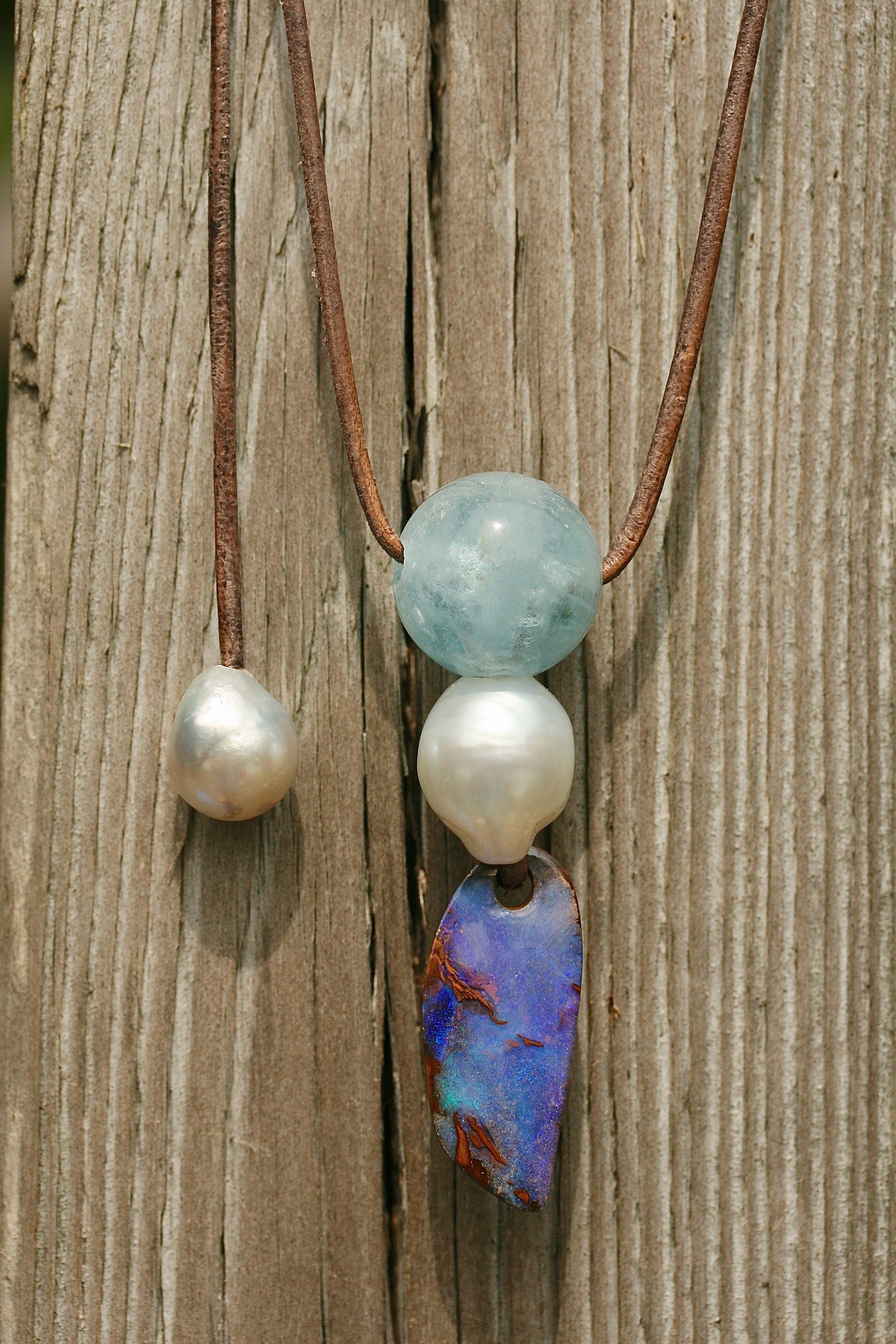 Aquamarine, Boulder Opal & South Sea Pearls on Leather