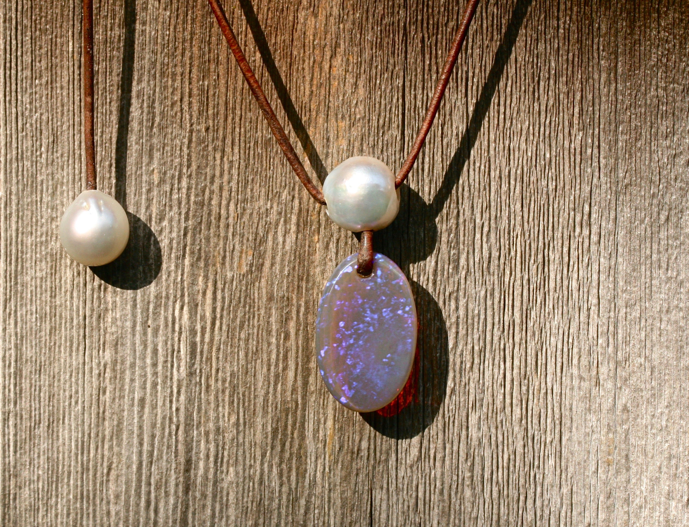 South Sea Pearl & Jelly Opal on Leather