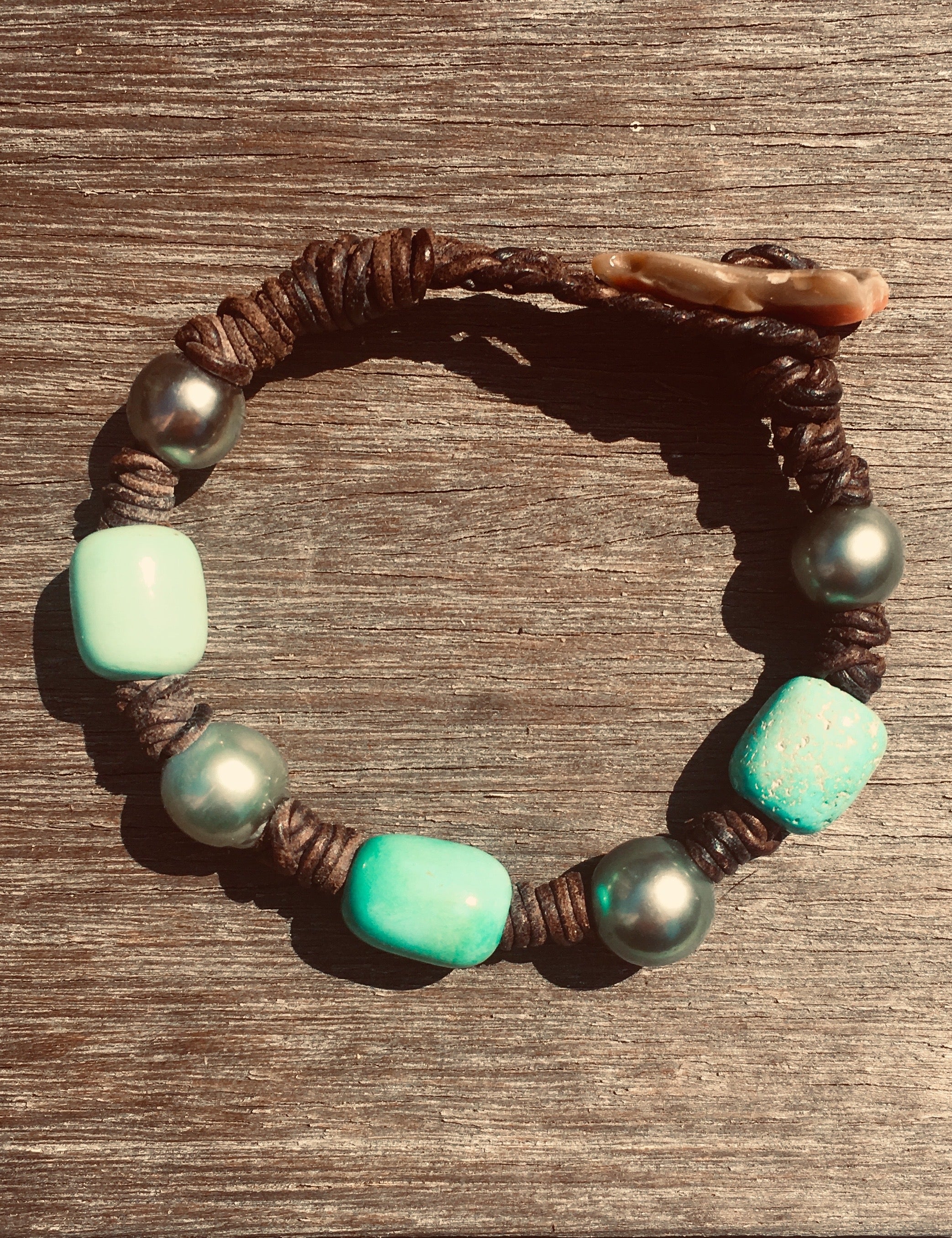 Tahitian Pearls & Turquoise Leather Bracelet