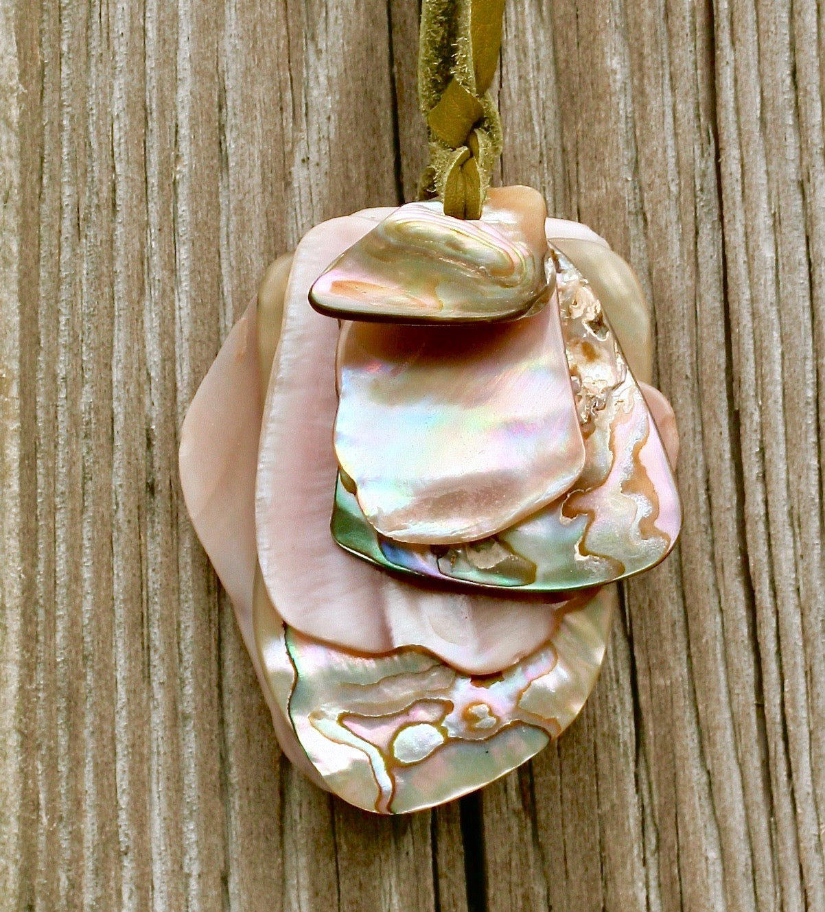 Abalone, Pink Mussel On Lace Necklace