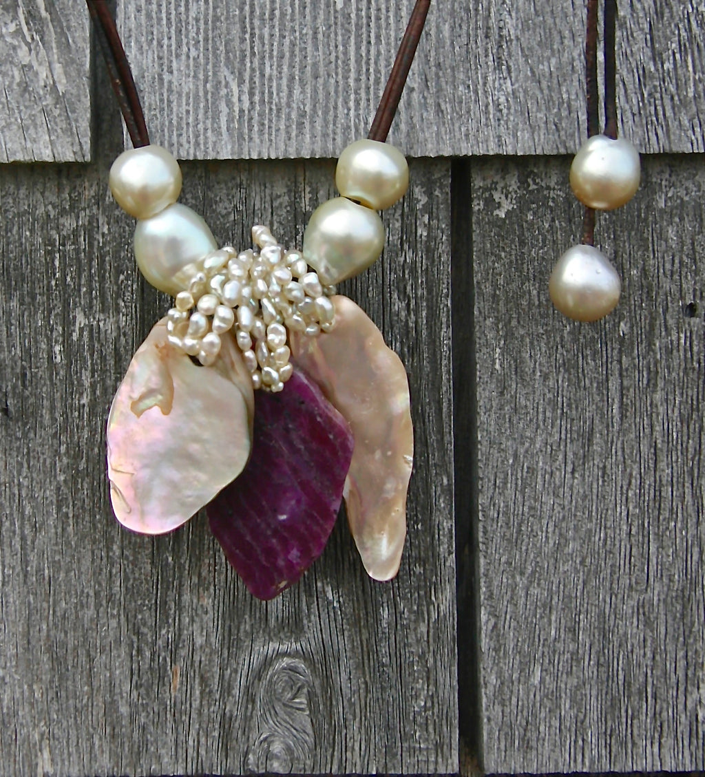 Abalone, South Sea Pearls & Ruby On Cord Necklace