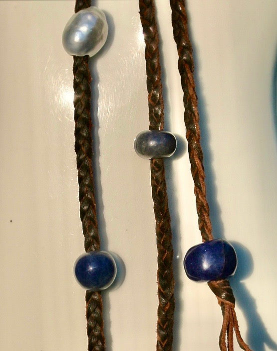 Moonstone & Sapphire Braided Leather Necklace