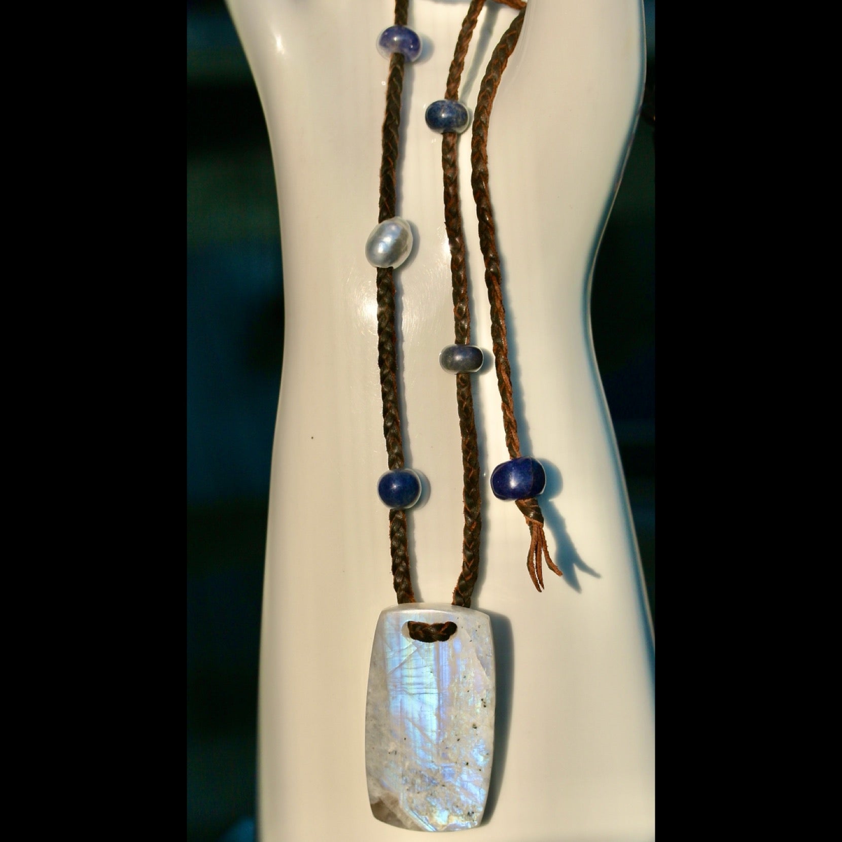 Moonstone & Sapphire Braided Leather Necklace