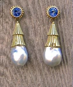 Sapphire & South Sea Keshi Pearl Earrings