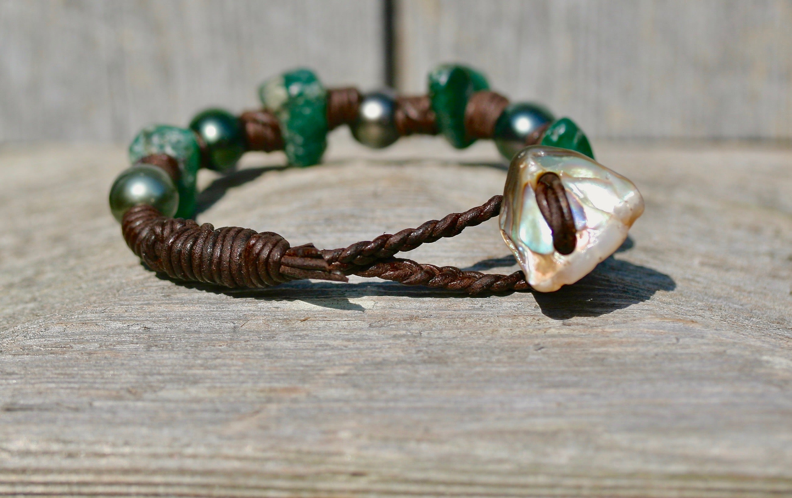 Tahitian Pearls & Rough Emerald Bracelet