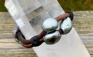 Tahitian Pearls & Leather Bracelet - Mens